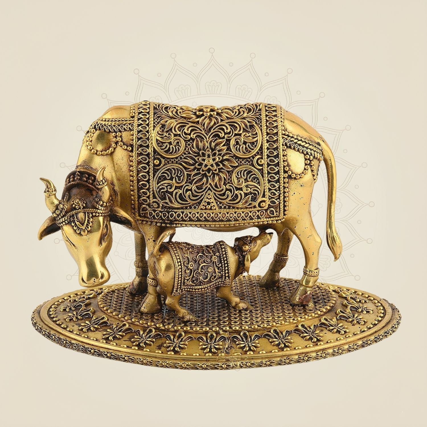 5" Brass Cow with Calf Idol - Handcrafted Light & Detailed Puja Decor