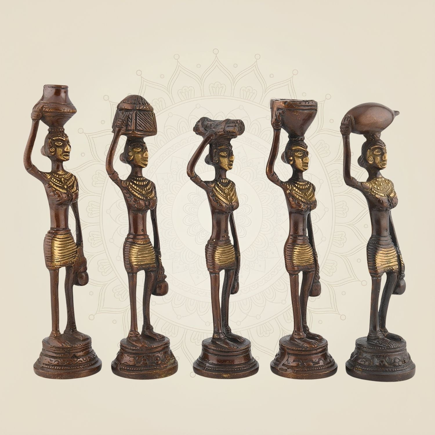 Pure Brass Tribal Ladies Sculpture – 7.5" Handcrafted Artisan Decor