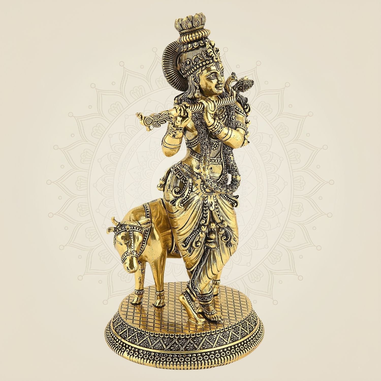 Lord Krishna with Cow Idol – 8" Handcrafted Brass Murti for Spiritual Gift & Decor