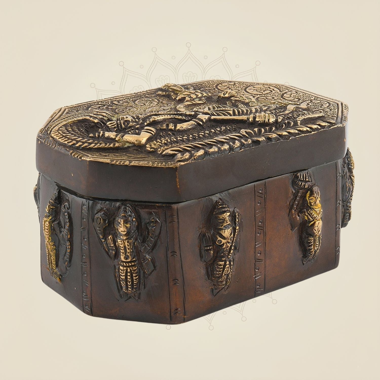 Handcrafted Pure Brass Multipurpose Box with Intricate Dashavatar Carvings - 2.5" Artisan
