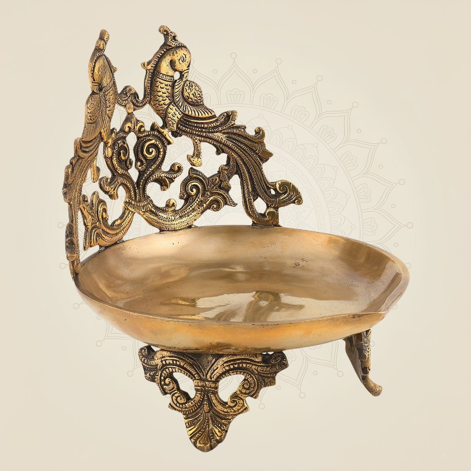 Big Brass Oil Lamp Diya 9"– Traditional Peacock Diya for Aarti, Temple & Pooja Use