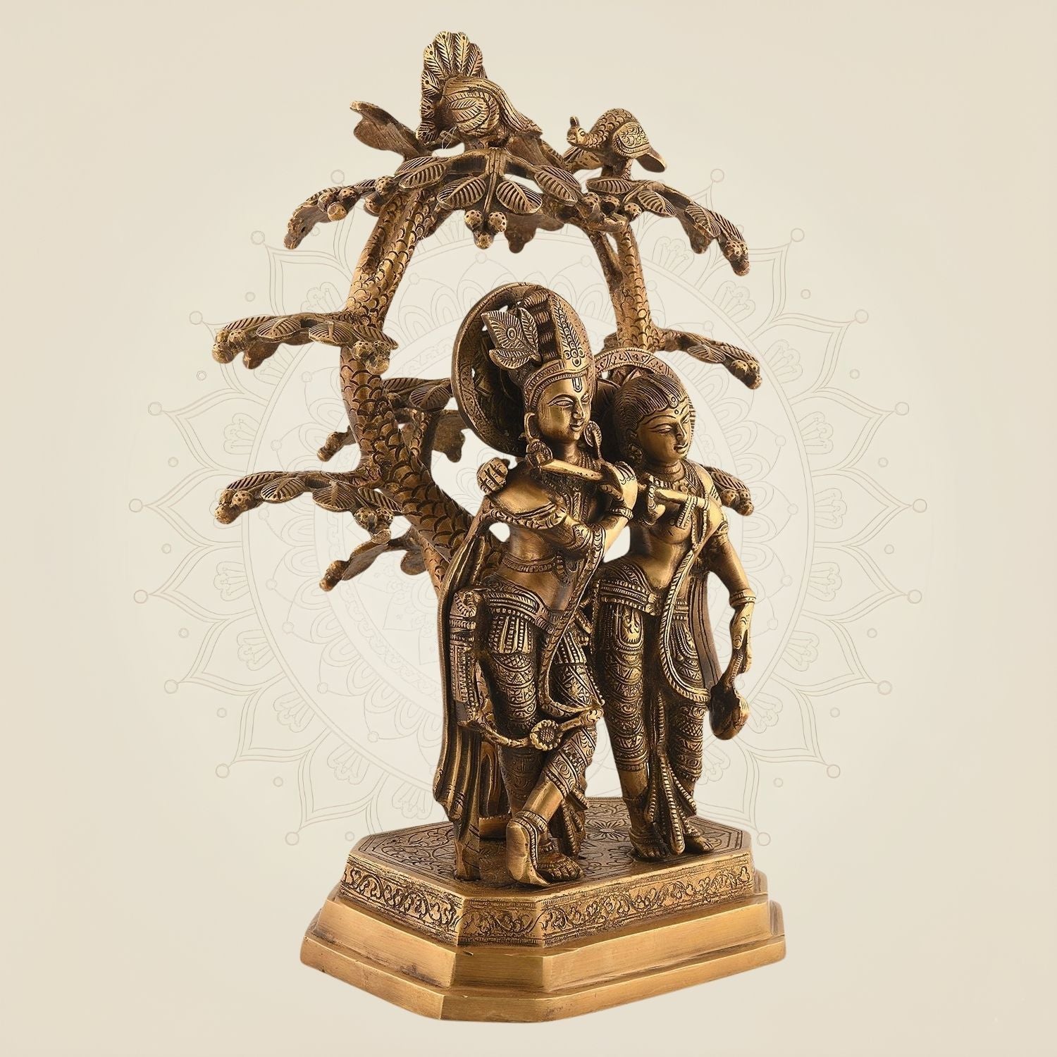 Brass Divine Radha Krishna Under Tree Idol – 16" Handcrafted Murti for Temple & Decor