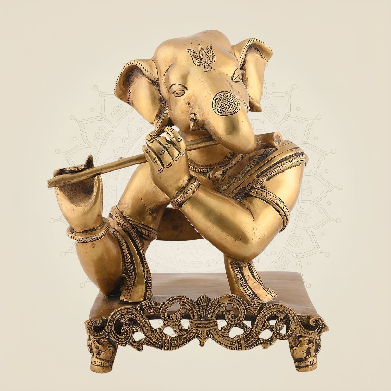 11.75" Ganesha Playing Flute Brass Idol – Hindu Sculpture