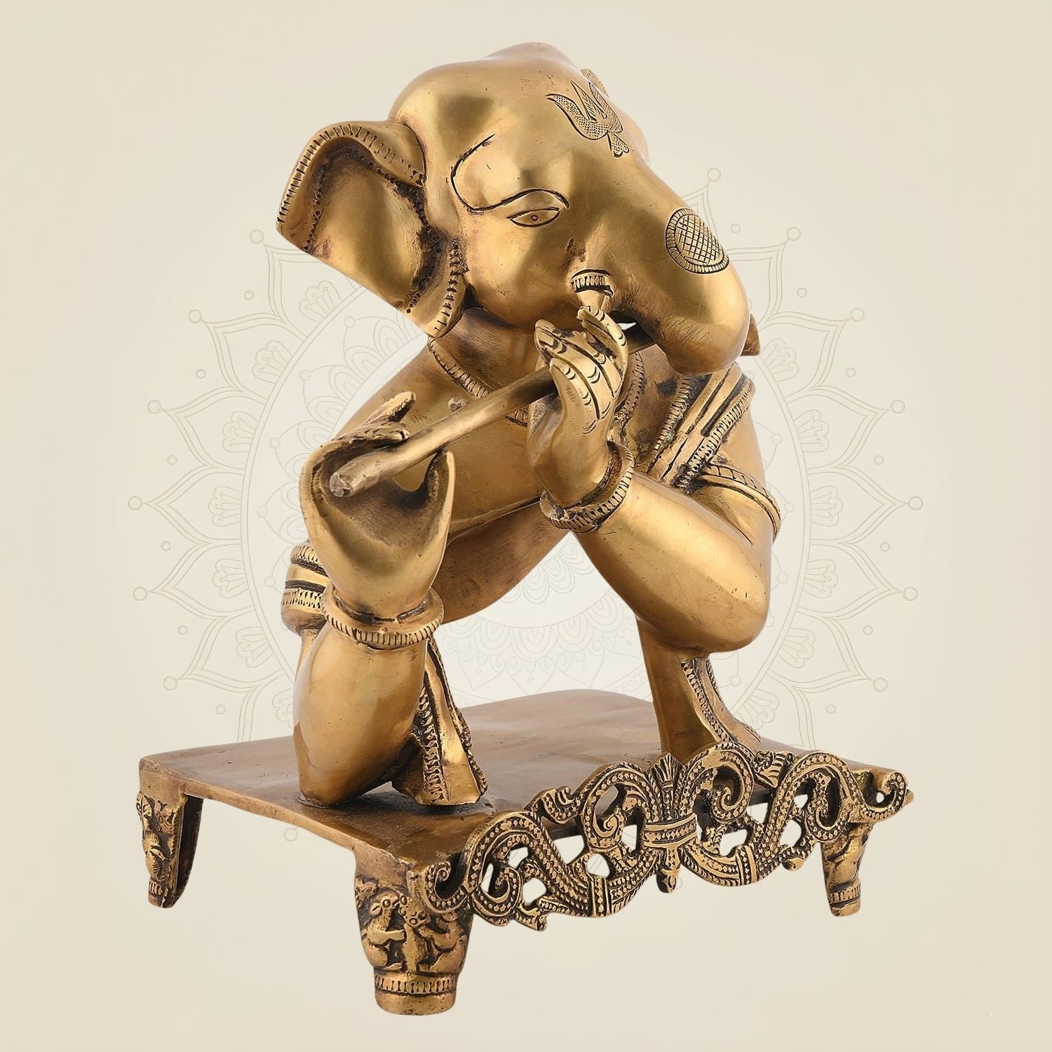 11.75" Ganesha Playing Flute Brass Idol – Hindu Sculpture