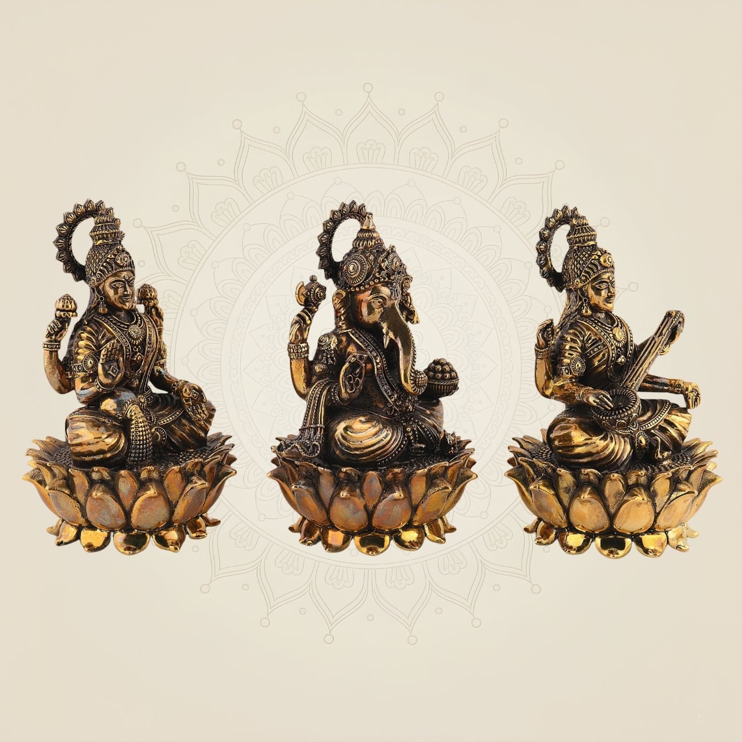 Laxmi Ganesh Saraswati Idol – 6" Handmade Brass Murti on Lotus