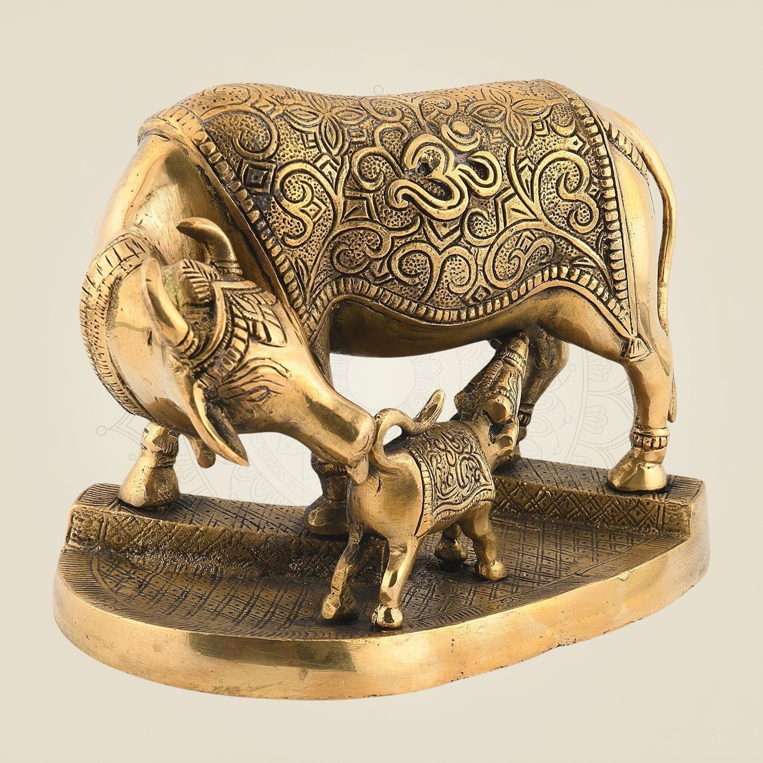 Kamdhenu Cow with Calf on Base – 6" Pure Brass Handcrafted Artisan Idol