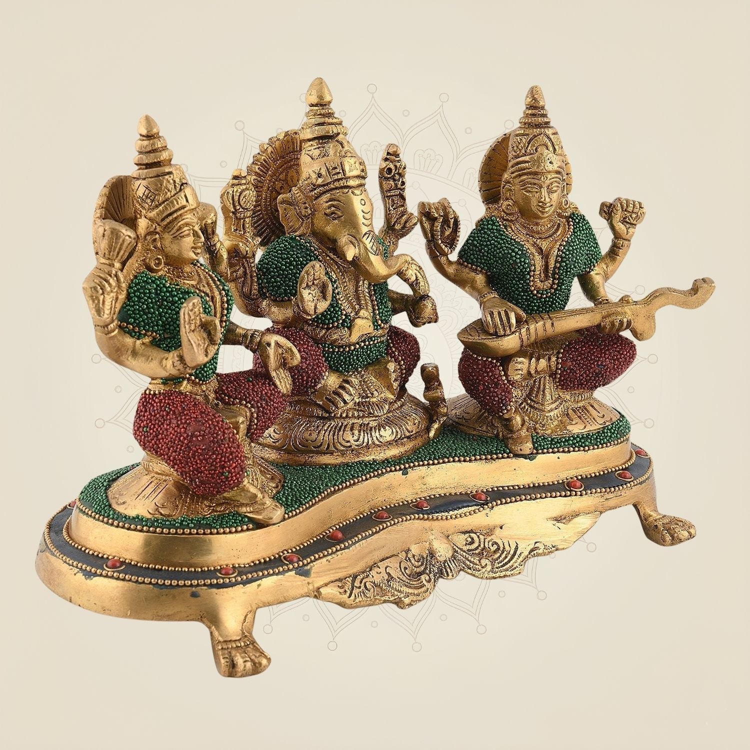 Divine Laxmi Ganesh Saraswati Idol – 6.5" Brass Murti with Stone Finish