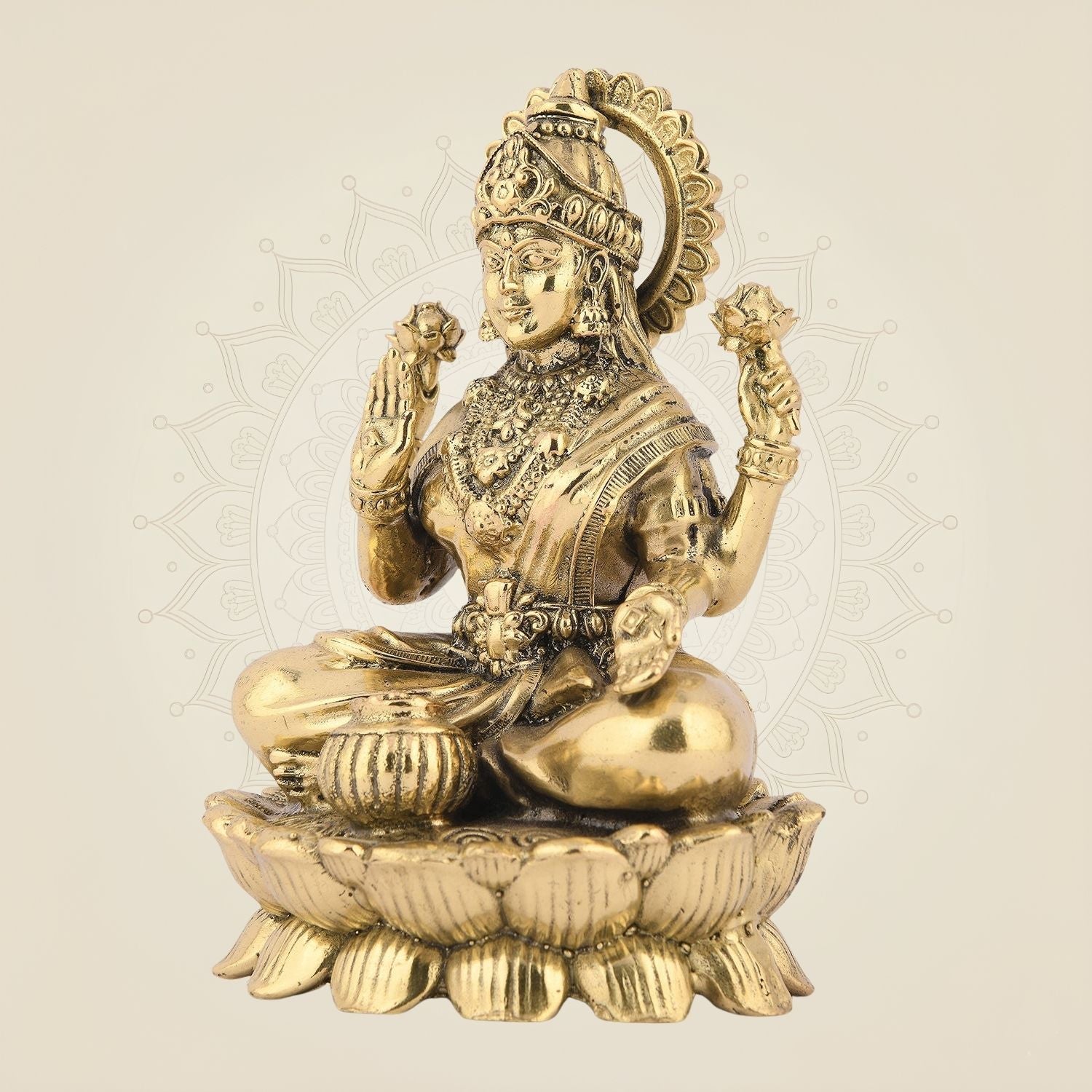4.5" Laxmi Ji Seated on Lotus – Handcrafted Pure Brass Idol for Pooja Room