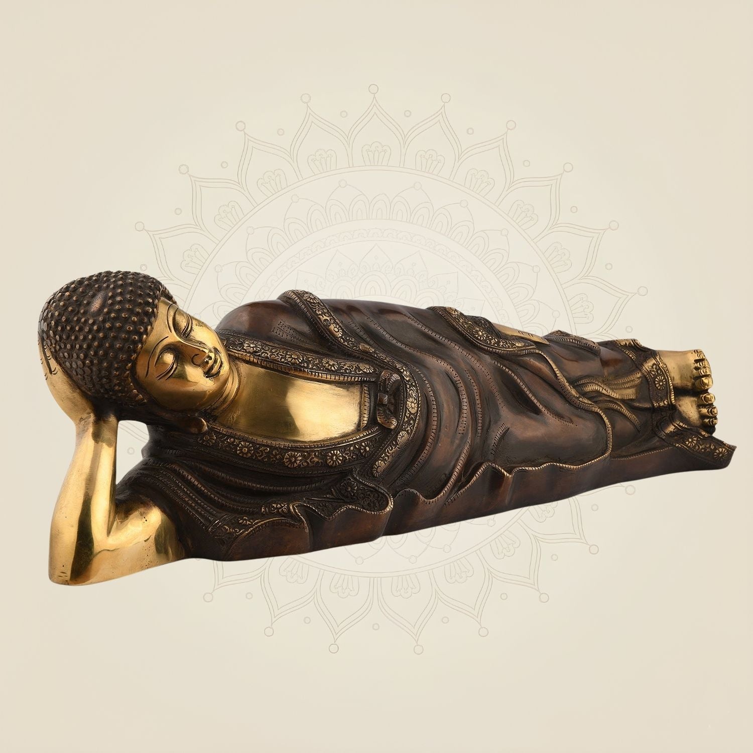Pure Brass Sleeping Buddha Sculpture – 6" Handcrafted Decorative Idol