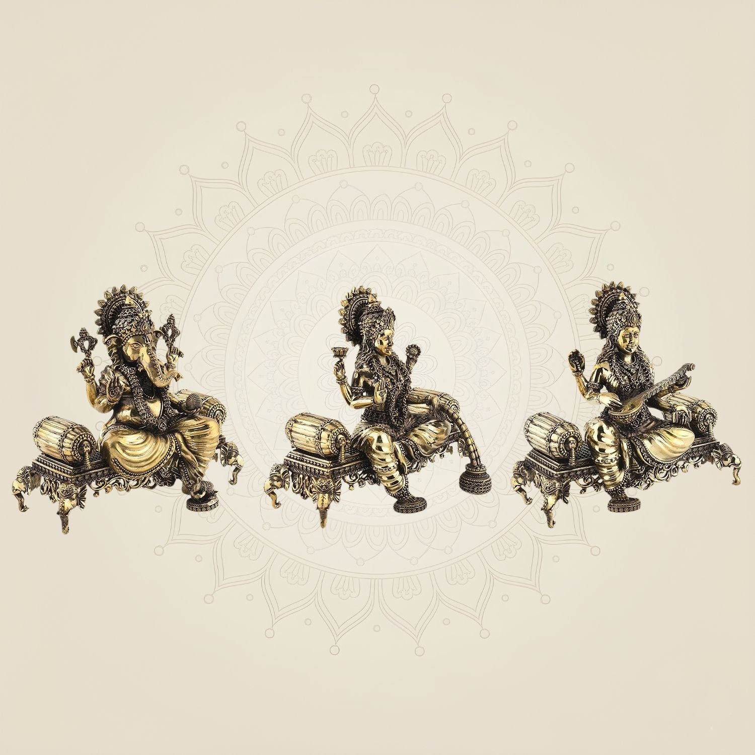 Laxmi Ganesh Saraswati Brass Idol 8" – Superfine Singhasan Statue