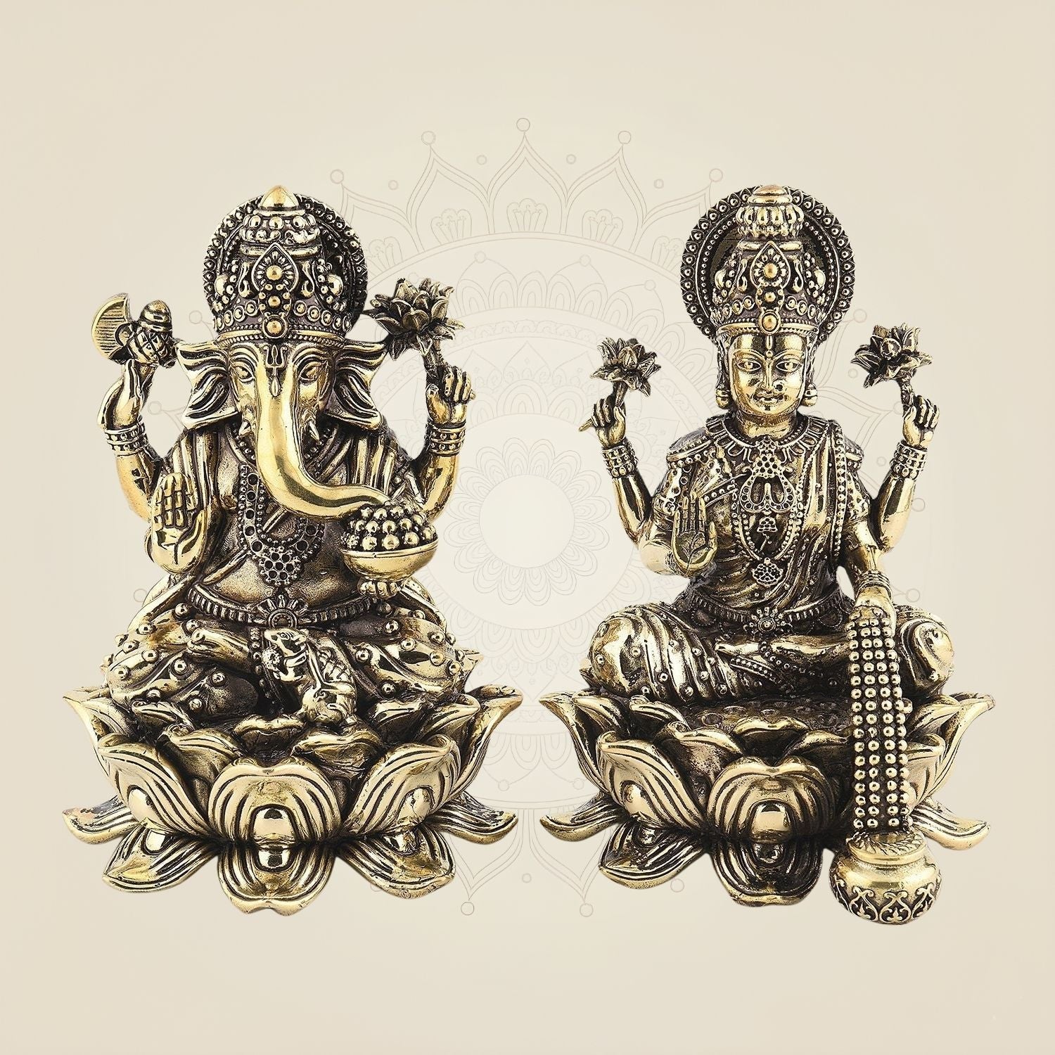 Intricately Carved Laxmi Ganesh Idol on Lotus Idol 6"- Superfine Lightweight Brass Statue