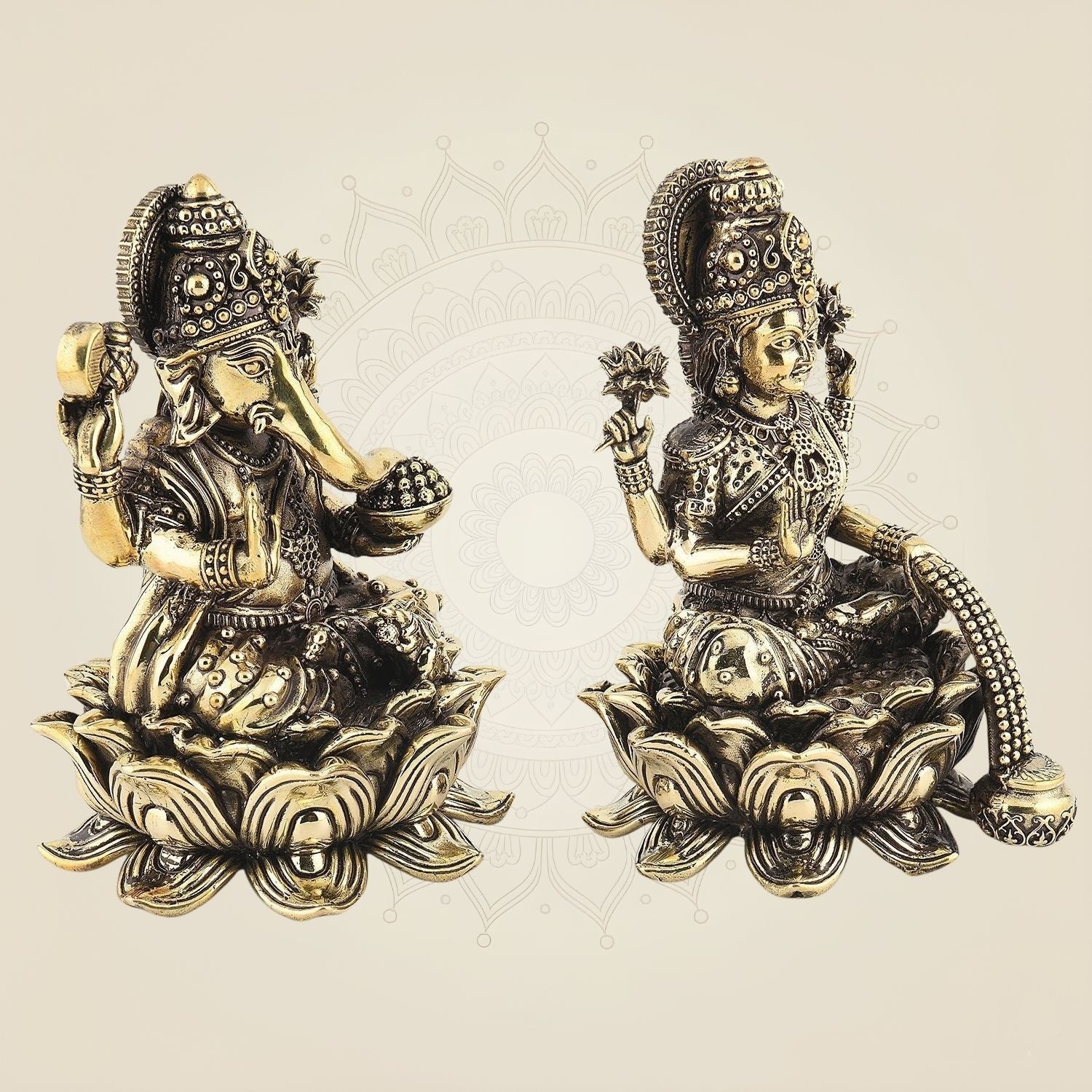 Intricately Carved Laxmi Ganesh Idol on Lotus Idol 6"- Superfine Lightweight Brass Statue