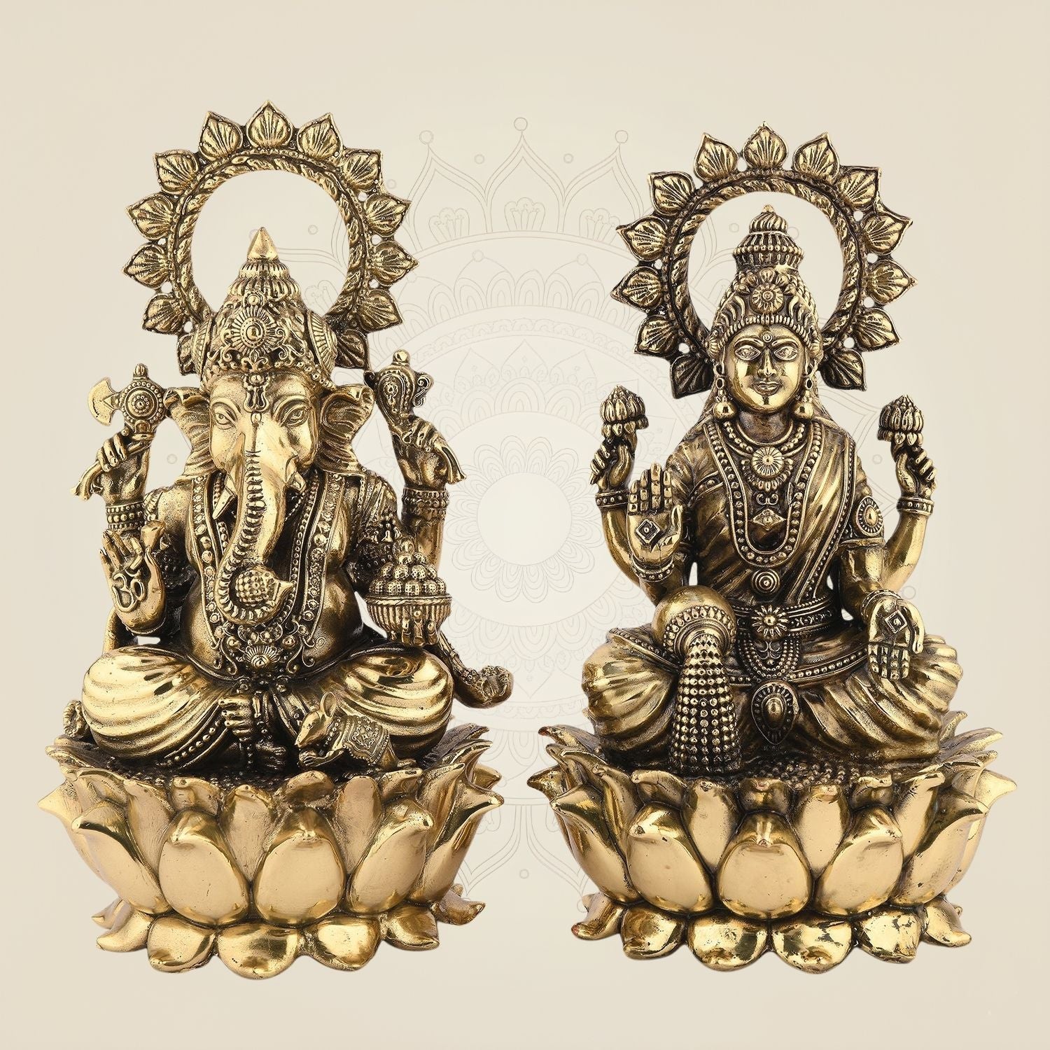 Ganesh Laxmi Brass Idol on Lotus – 5" Handcrafted Superfine Murti