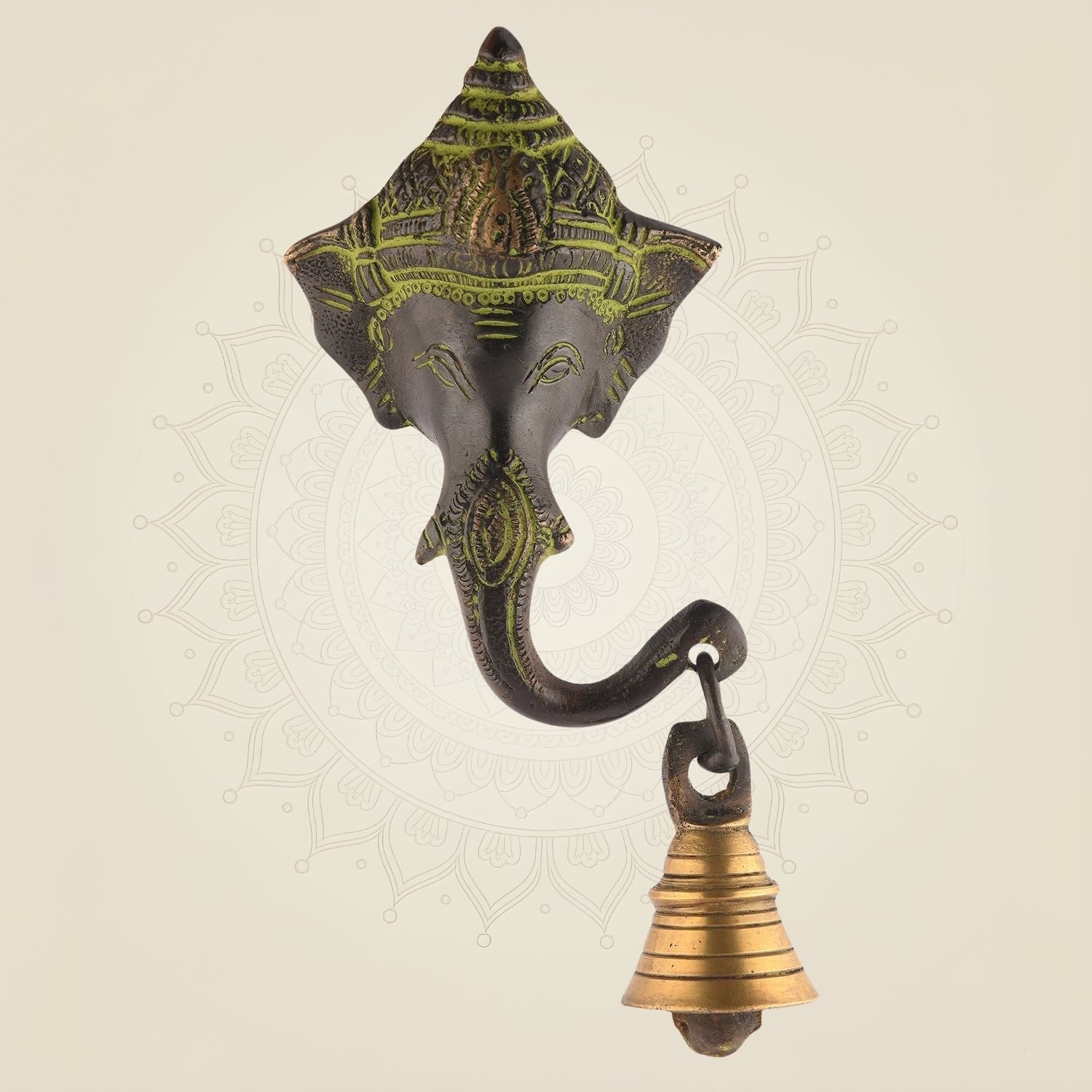 6" Antique Brass Ganpati Wall Hanging with Bell – Handcrafted Home Temple Decor