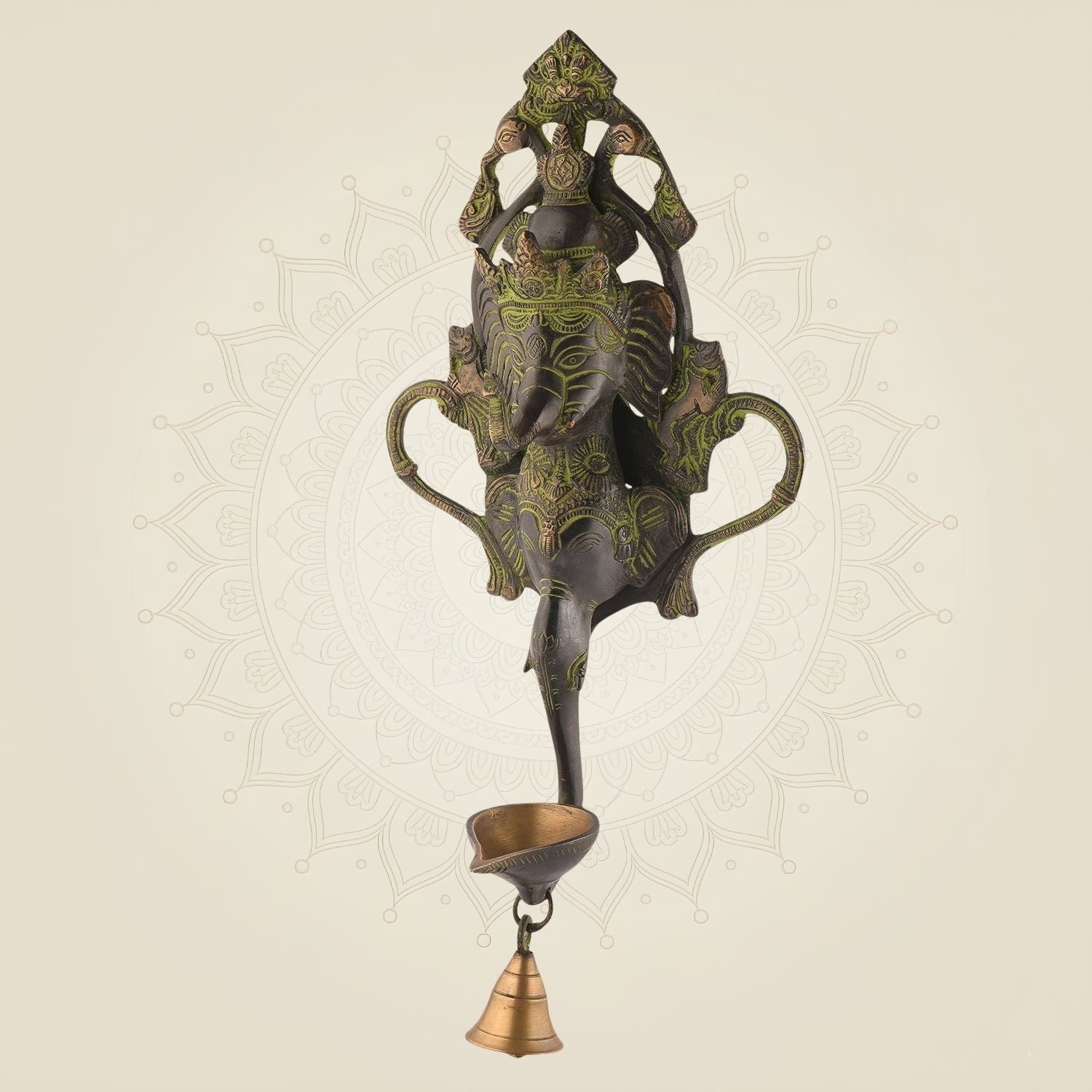 Ganpati Wall Hanging with Oil Lamp 15.5"– Antique Finish Pure Brass for Entrance Wall