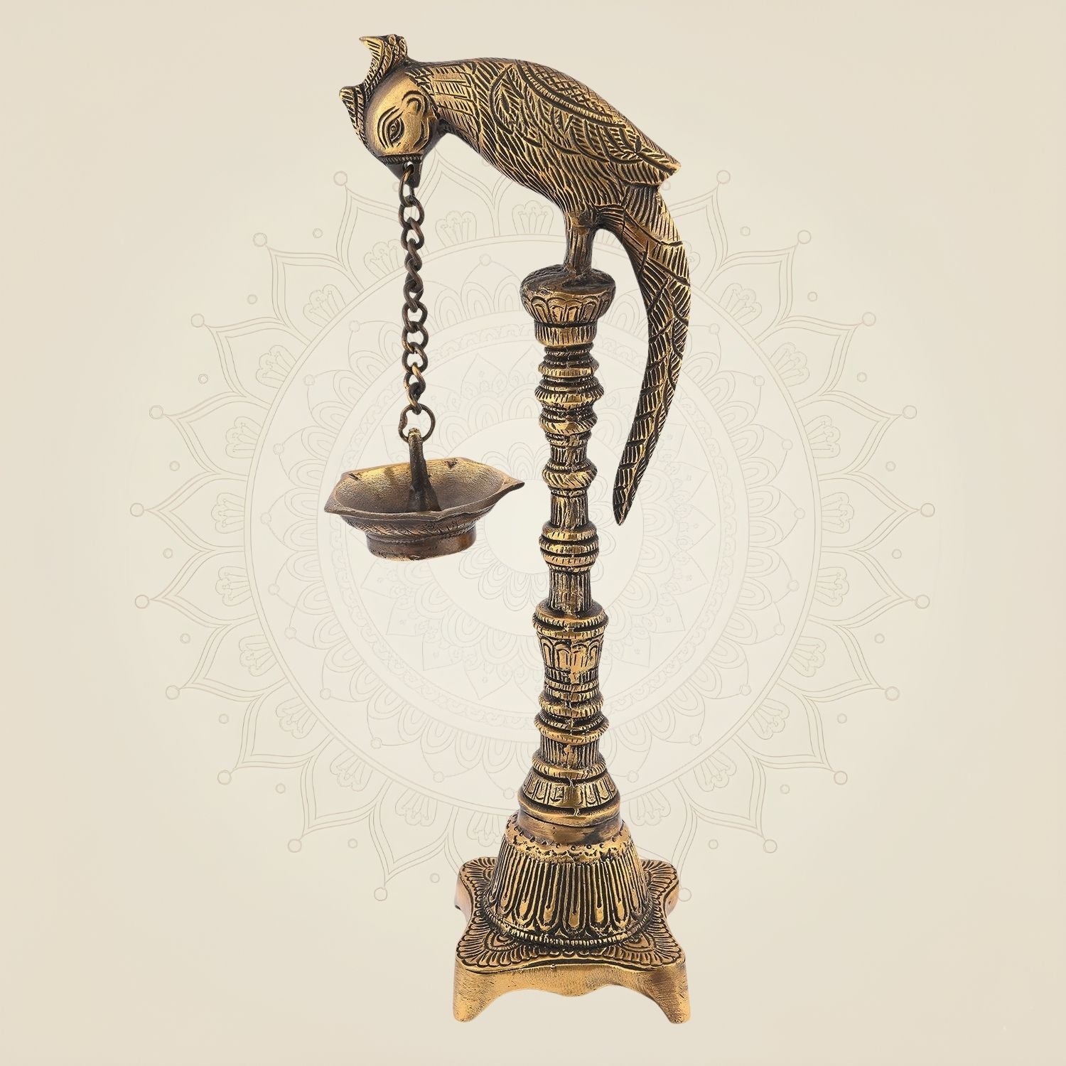 Hanging Brass Parrot Oil Lamp – 13.5" Ethnic 5-Wick Diya for Diwali & Decor