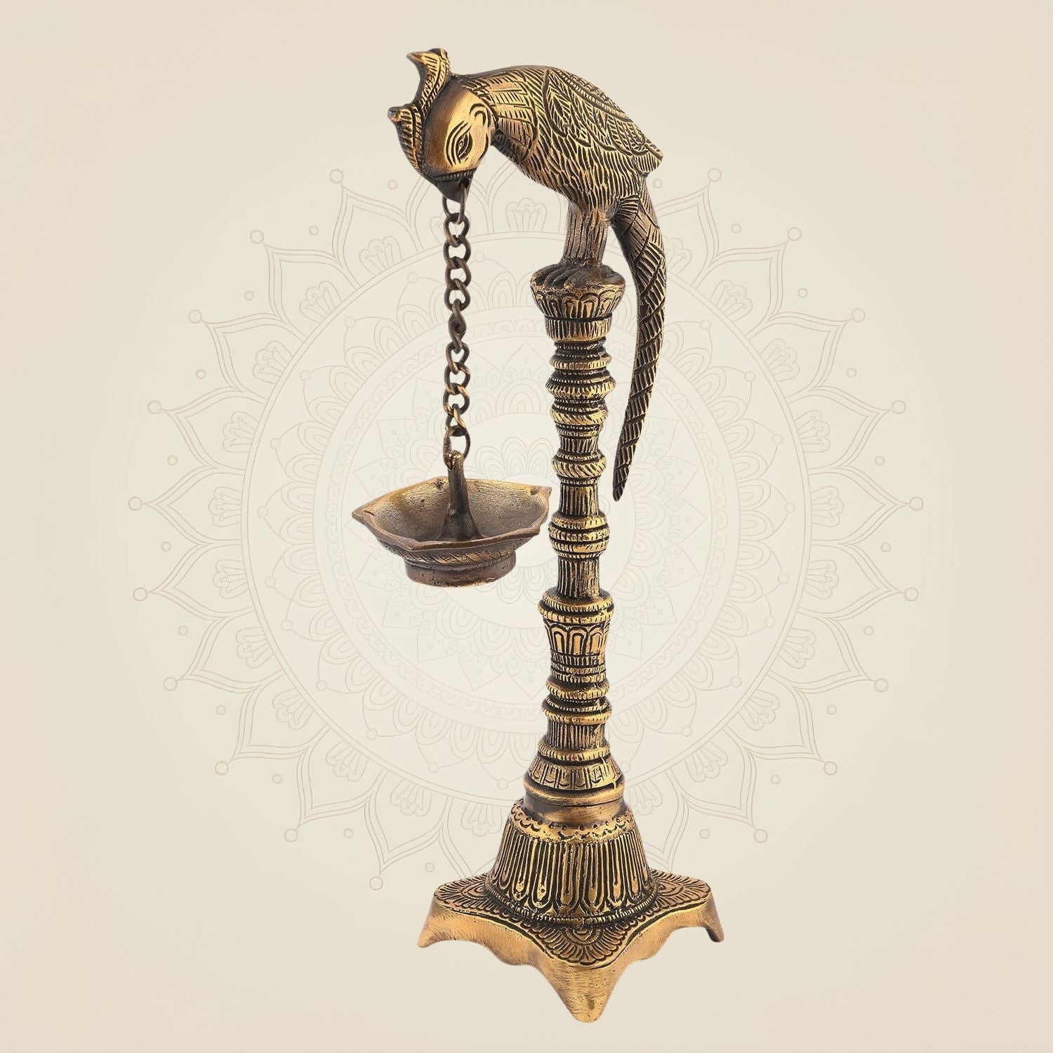 Hanging Brass Parrot Oil Lamp – 13.5" Ethnic 5-Wick Diya for Diwali & Decor