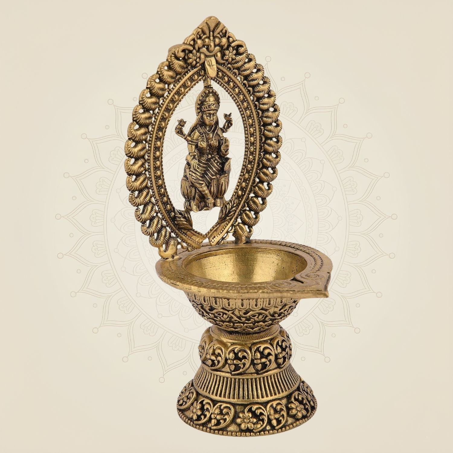Lakshmi Mata Brass Diya 4.5" Handcrafted Oil Lamp for Pooja, Wealth & Blessings