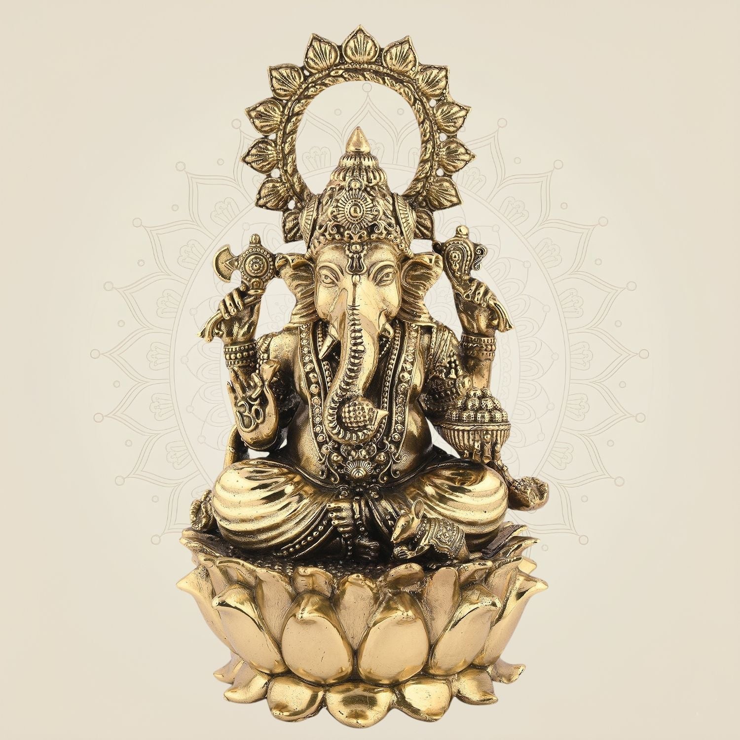Chaturbhuj Ganesha Brass Idol– 9.25" Handcrafted Murti For Pooja & Decor