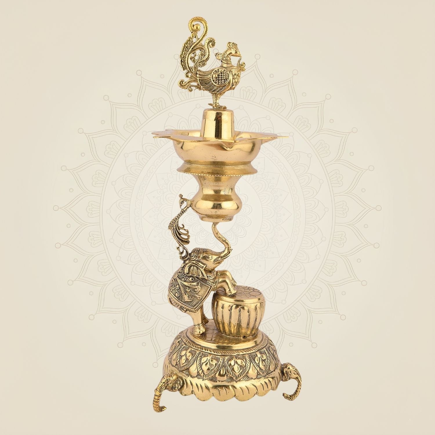 Peacock Brass Diya with Elephant Design – 8.5" Handcrafted Pure Brass Spiritual Oil Lamp