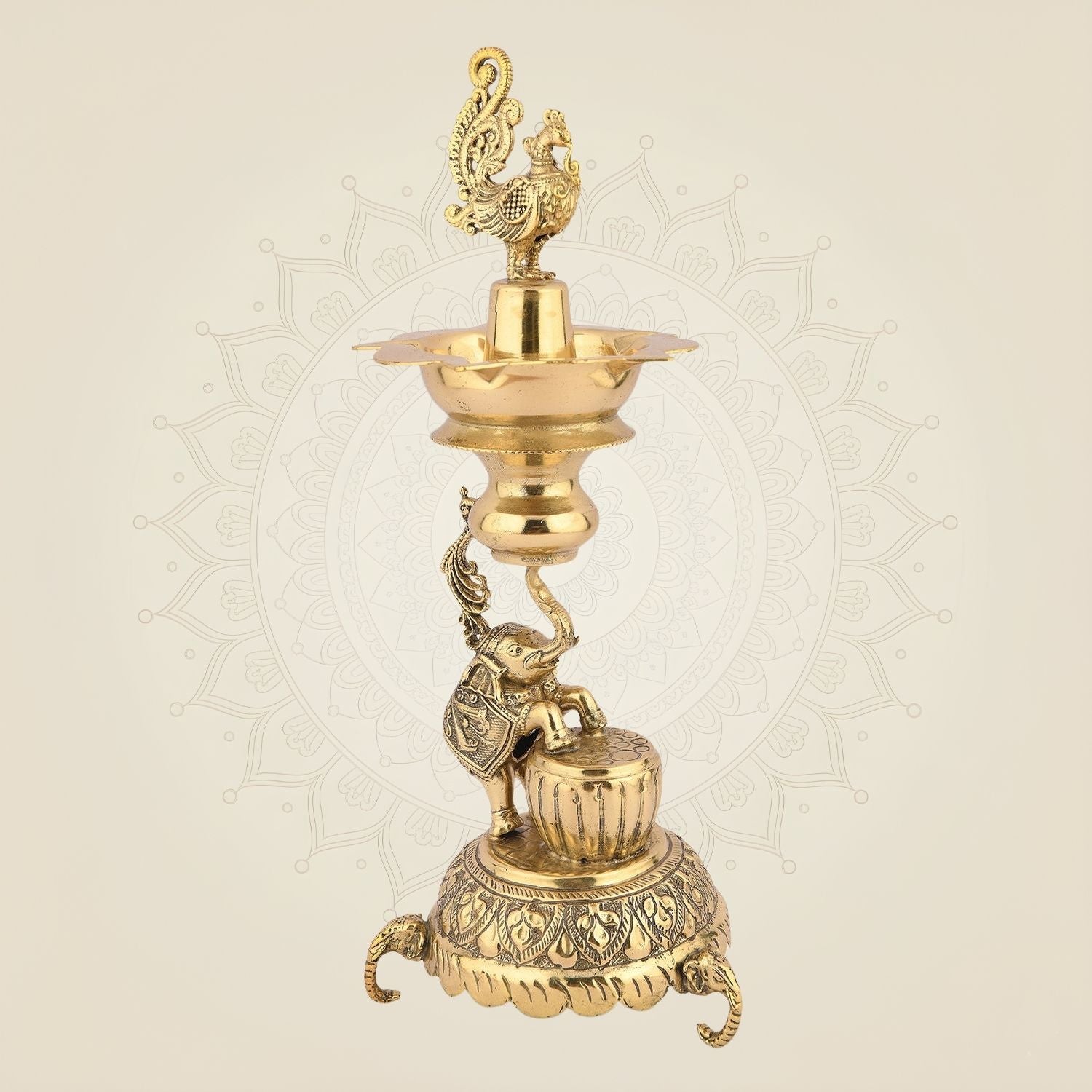 Peacock Brass Diya with Elephant Design – 8.5" Handcrafted Pure Brass Spiritual Oil Lamp