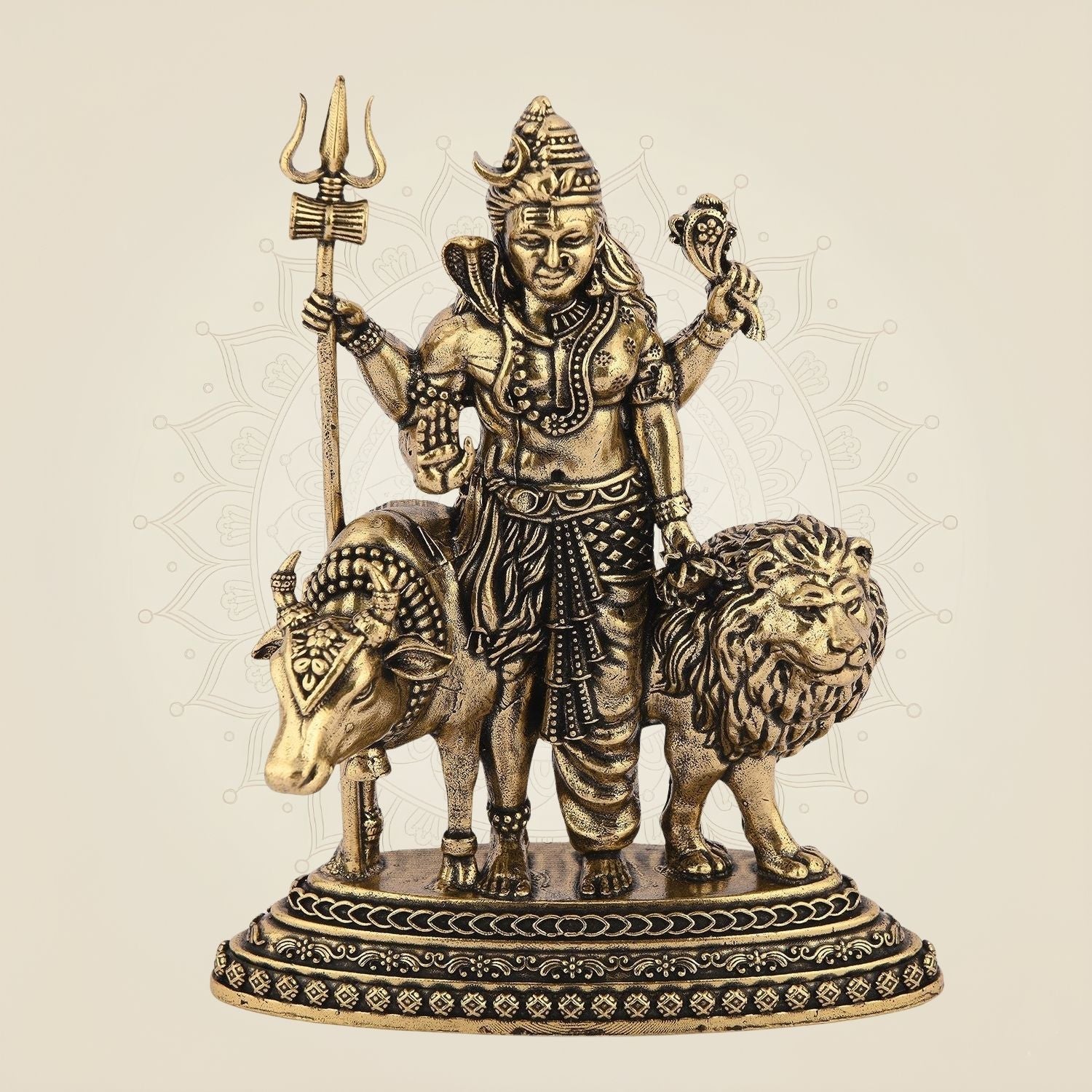 Ardhanarishvara Brass Idol with Nandi & Lion – 4.25" Handcrafted Symbol of Shiva-Shakti