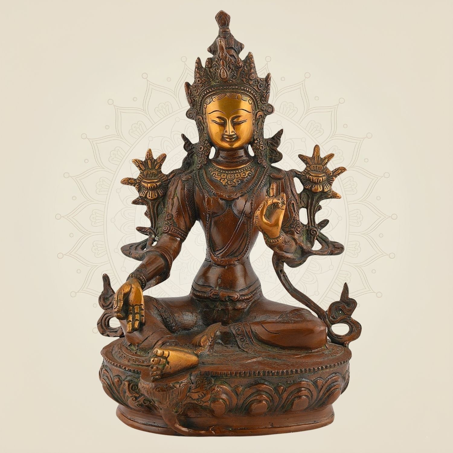 Brass Tibetan Goddess Tara Idol – 12.5" Handcrafted Statue for Meditation & Decor