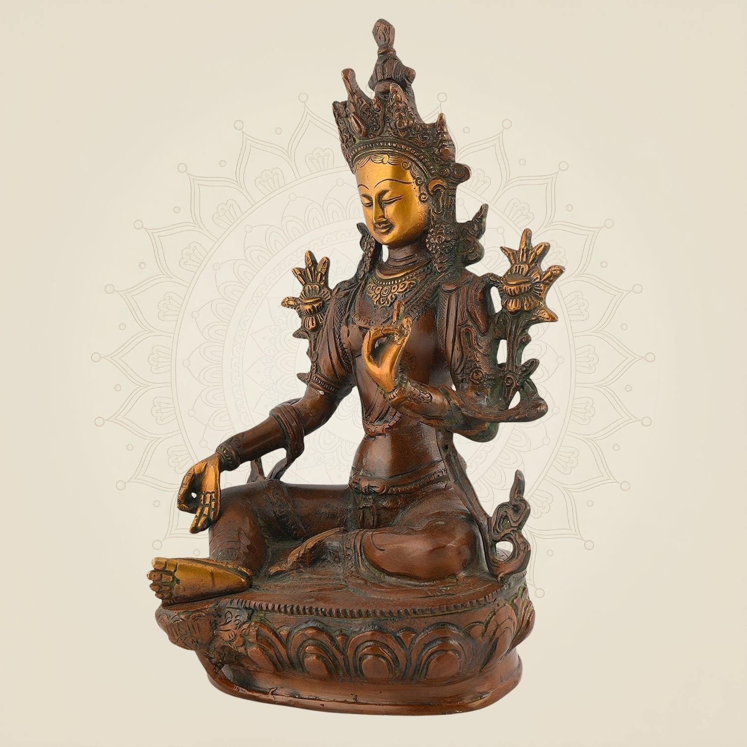 Brass Tibetan Goddess Tara Idol – 12.5" Handcrafted Statue for Meditation & Decor