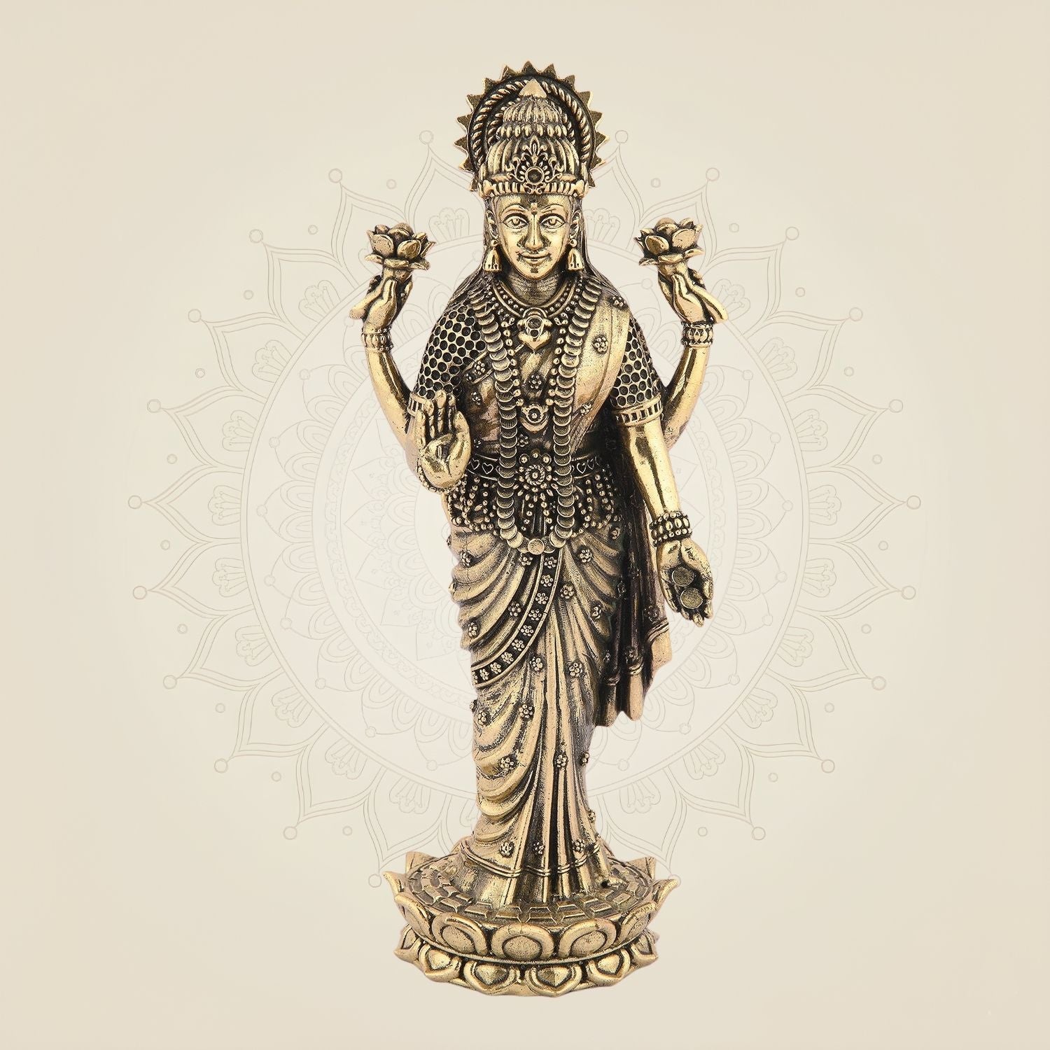 Standing Laxmi Ji Idol– 6.75" Handcrafted Pure Brass Murti