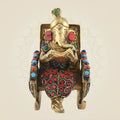 Ganesh on Chair Brass Idol – 4.5" Gold Finish with Handcrafted Stone Work Pooja Statue