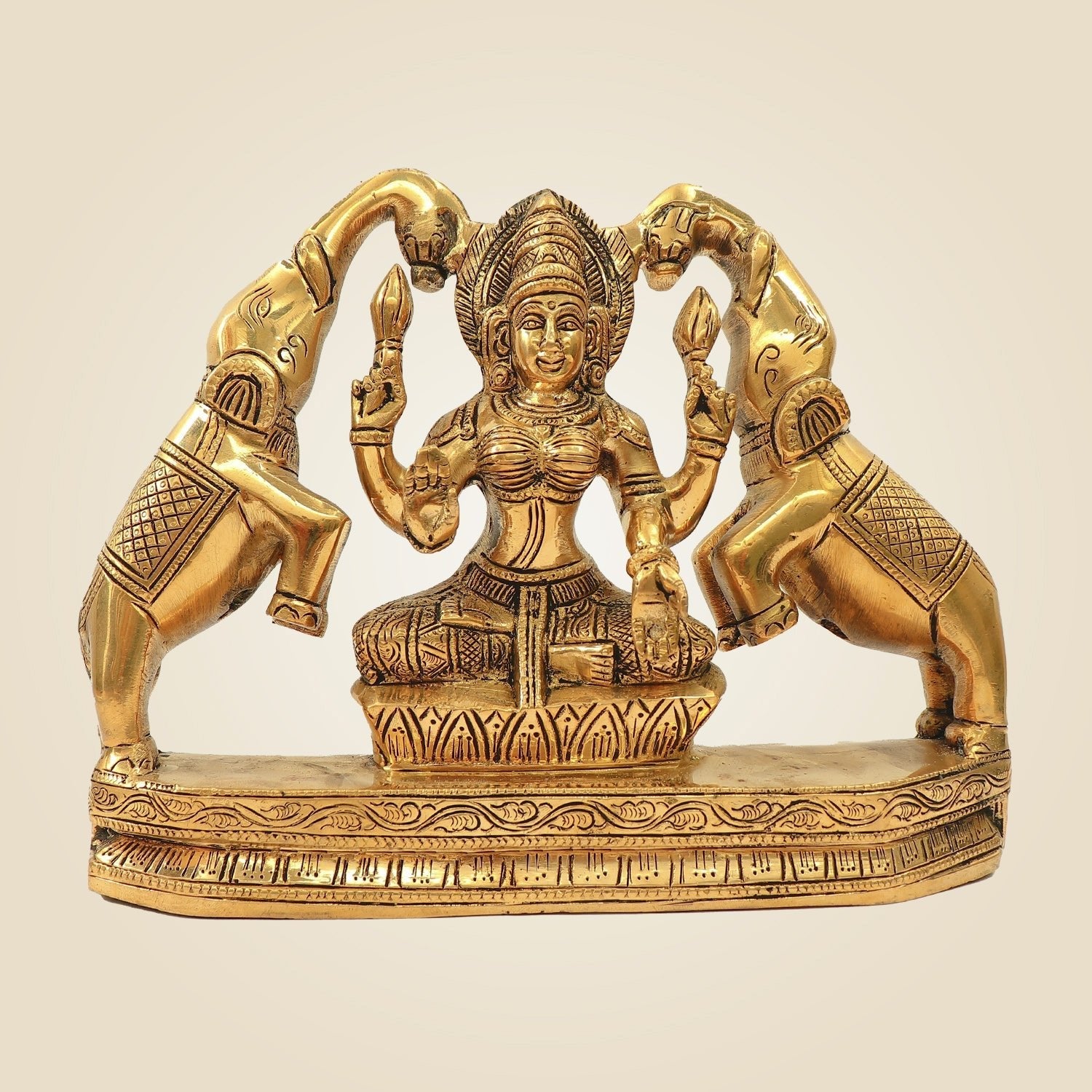Laxmi Idol with 2 Elephants 7.5" – Handcrafted Brass Murti
