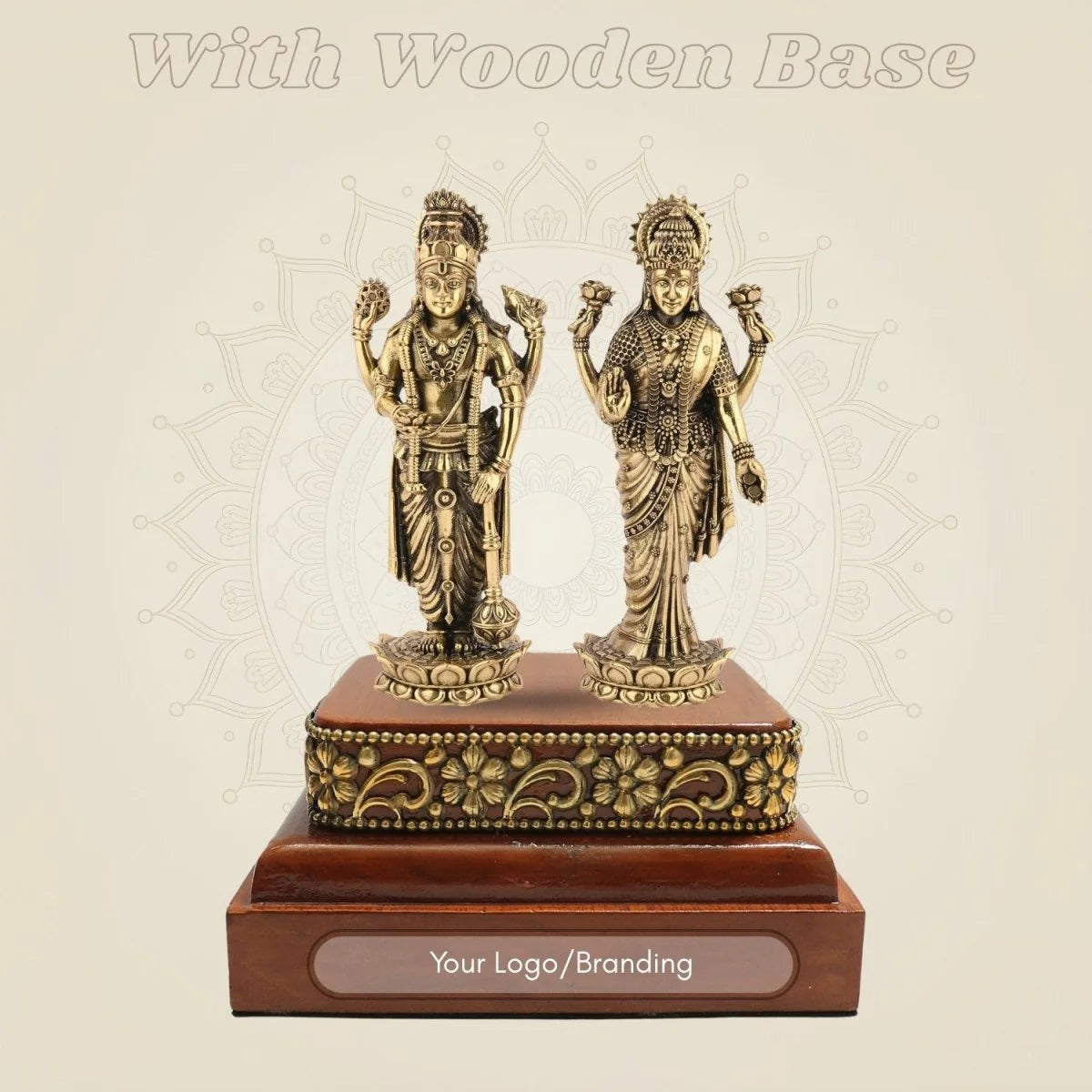 5" Lakshmi Vishnu Brass Idol with Intricate Detailing on Elegant Wooden Base