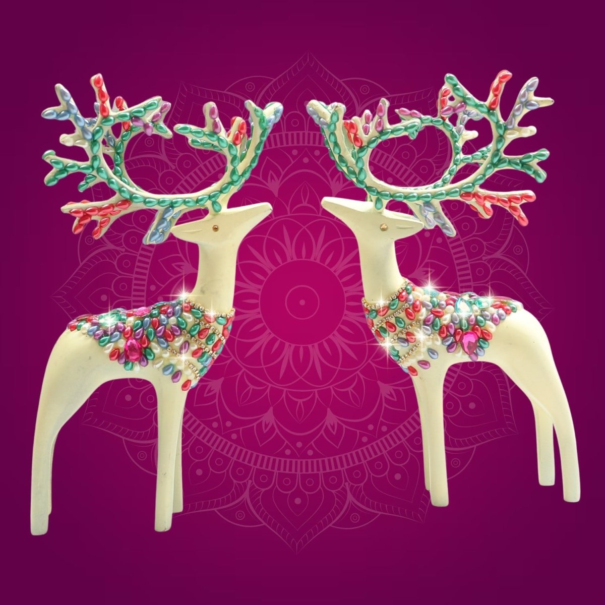 Brass Barasingha Deer Pair Figurine with Sparkling Jewellery Stones - Luxeartisanship