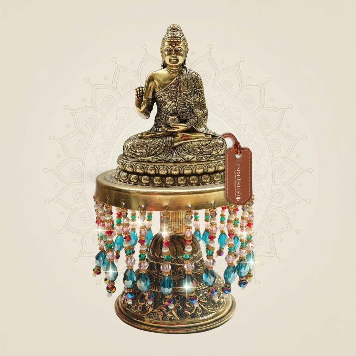 Brass Buddha Meditation Statue on Chowki for Peaceful Energy 7.5" - Luxeartisanship
