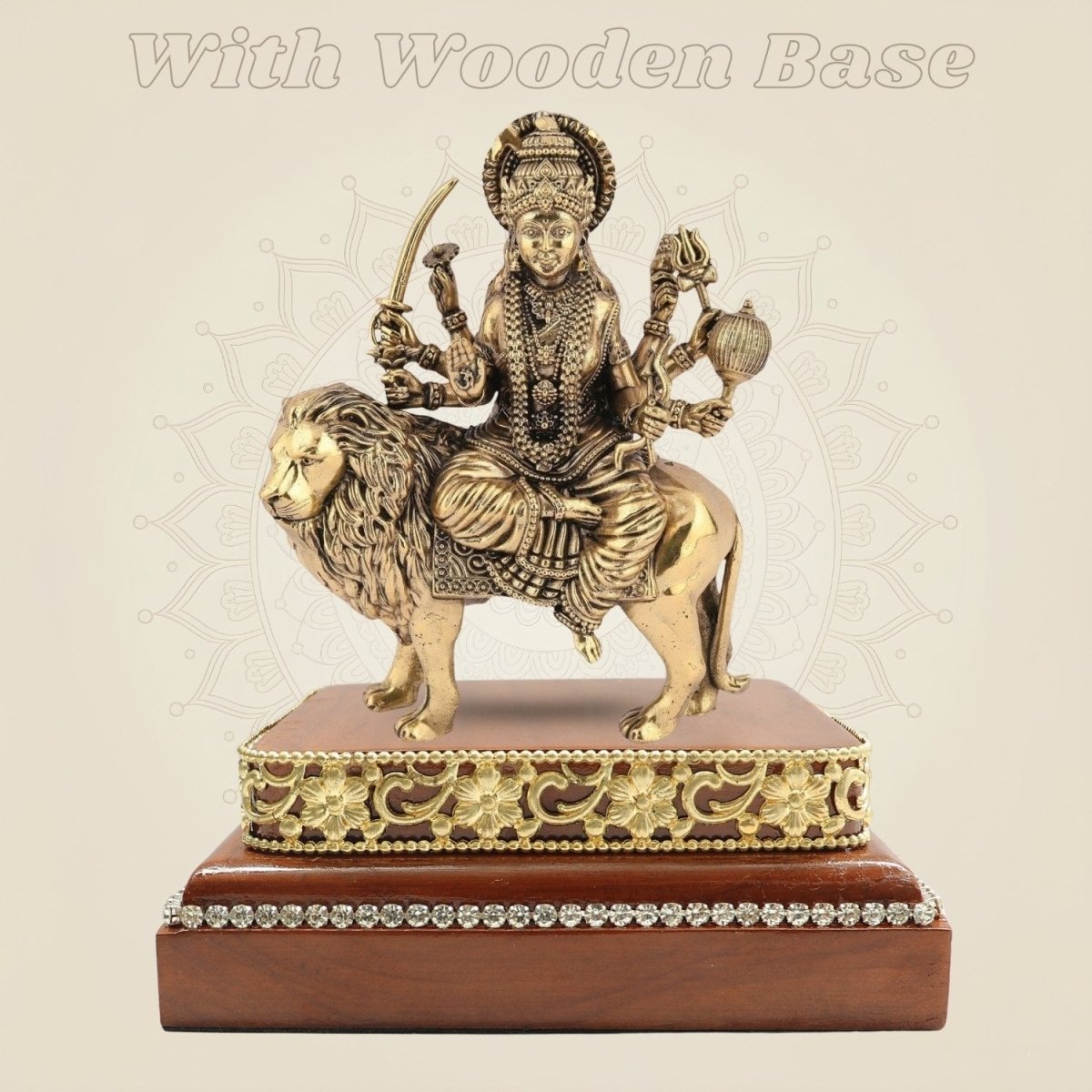 Brass Durga Idol Riding the Lion 6″ with Square Wood Platform - Luxeartisanship