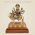 Brass Durga Idol Riding the Lion 6″ with Square Wood Platform - Luxeartisanship