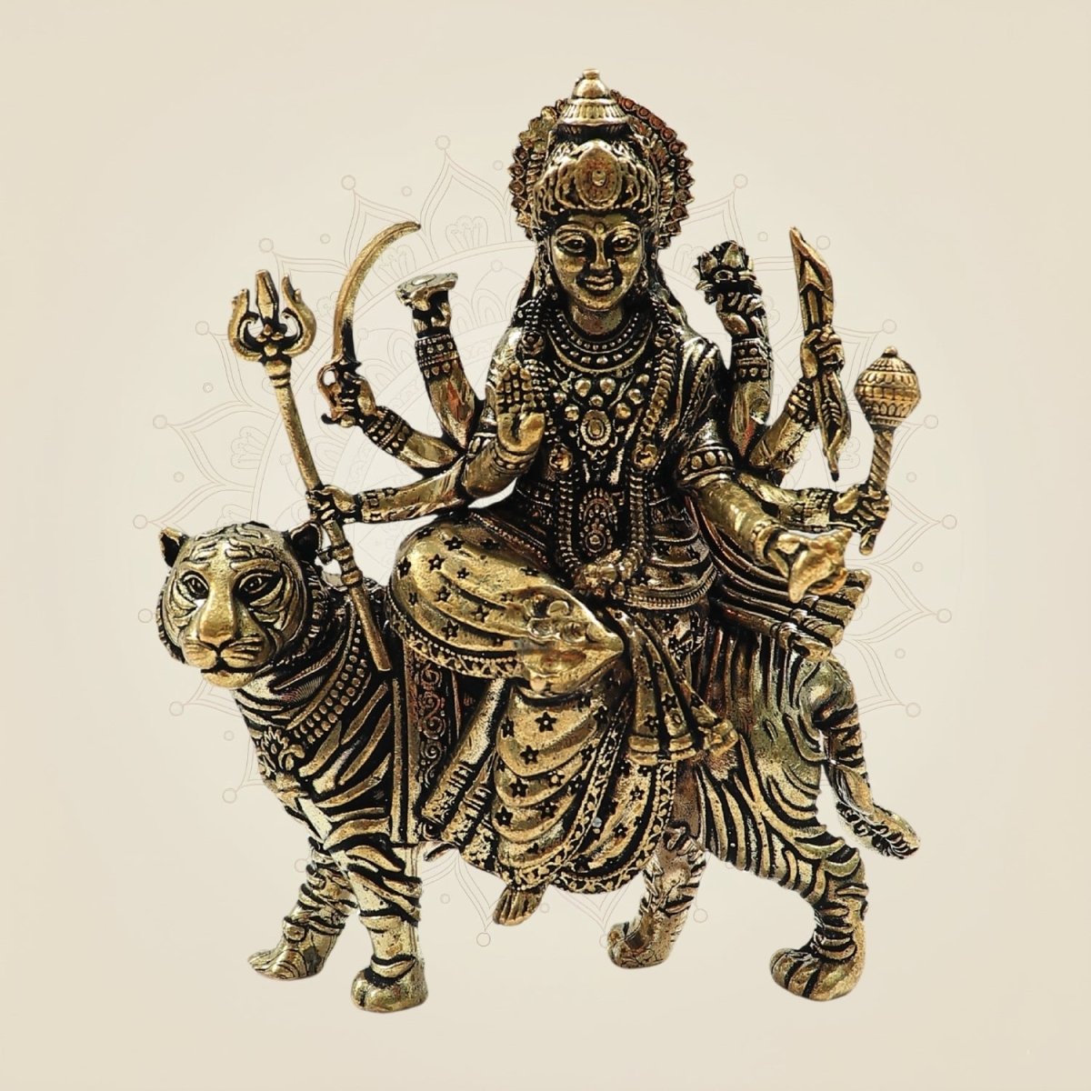 Brass Durga Maa Statue 4" - Seated on Tiger for Strength & Prosperity - Luxeartisanship