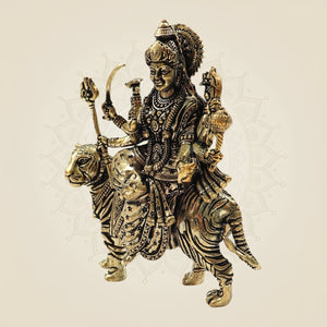 Brass Durga Maa Statue 4" - Seated on Tiger for Strength & Prosperity - Luxeartisanship