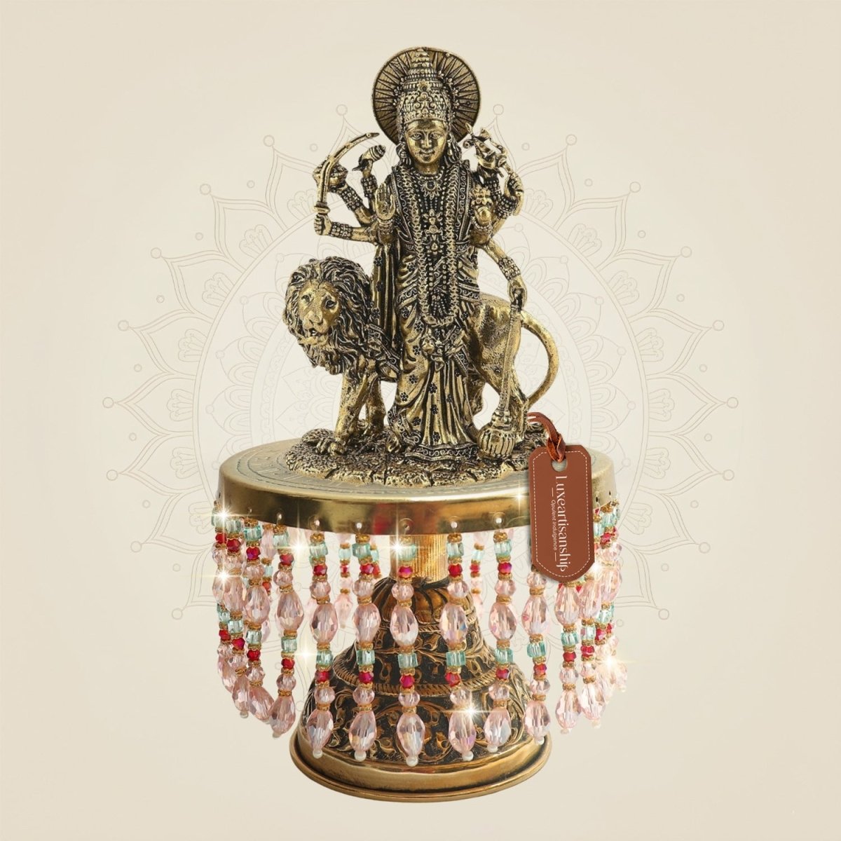 Brass Durga Maa with Lion on Chowki – Fine Sculpture Work - Luxeartisanship
