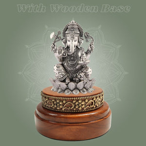 Brass Ganesh Idol in Silver - Plated Brass 4″ with Wood Base - Luxeartisanship