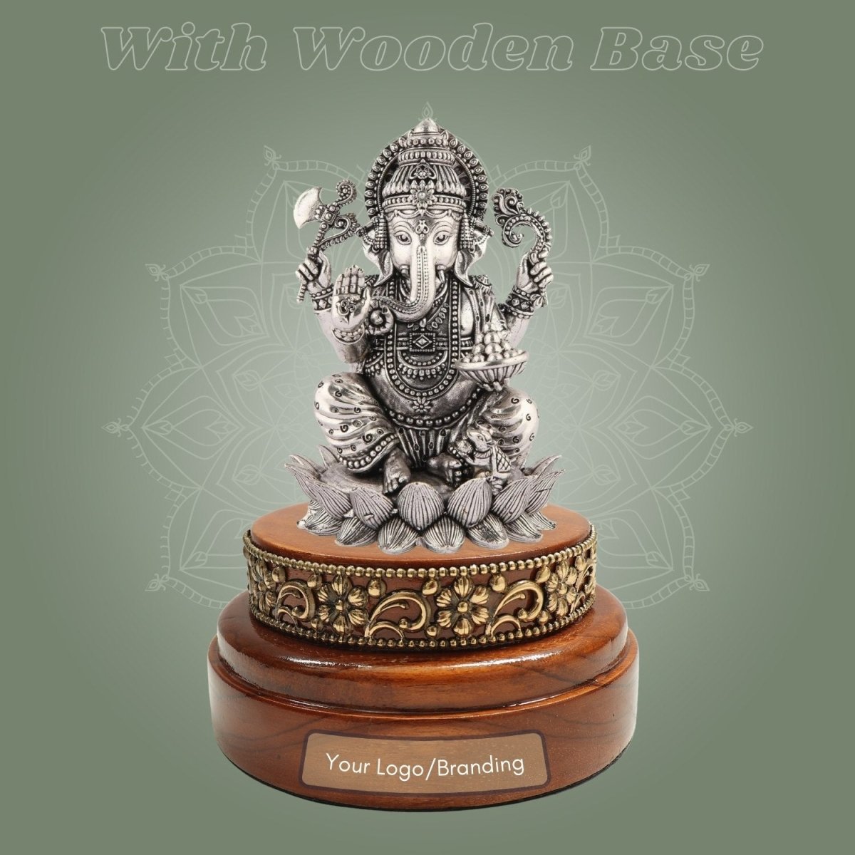 Brass Ganesh Idol in Silver - Plated Brass 4″ with Wood Base - Luxeartisanship