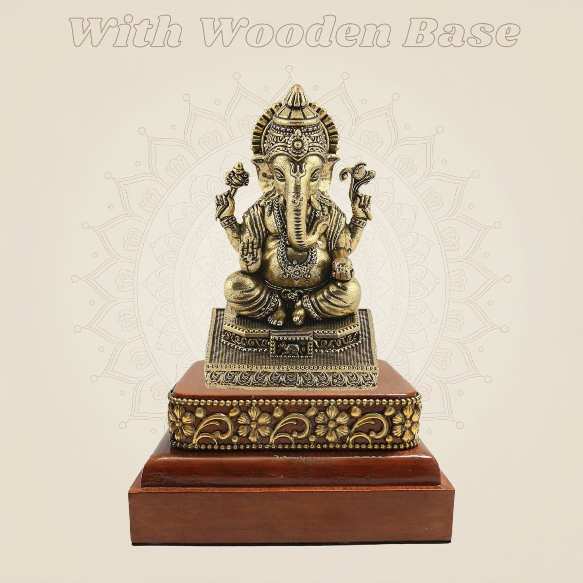 Brass Ganesh Idol on Wooden Foundation - Luxeartisanship