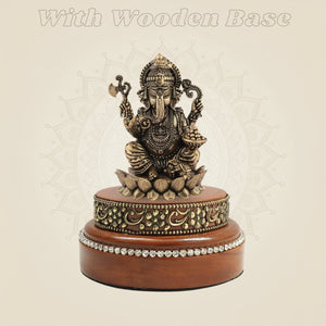 Brass Ganesh Scuplture Showpiece on Wooden Base Display Accent