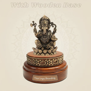Brass Ganesh Idol Showpiece on Wooden Base Display Accent