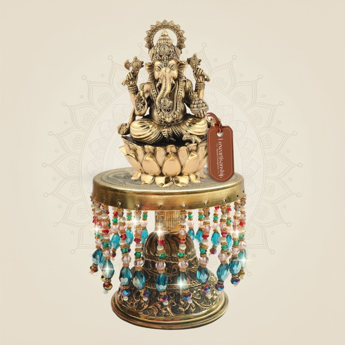 Brass Ganesh Murti with Chowki Base Crafted in Classic Style 8.75" - Luxeartisanship