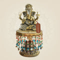 Brass Ganesha Statue on Chowki with Jewellery Stone Work 7.5" - Luxeartisanship
