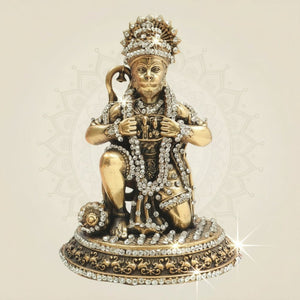 Brass Hanuman Idol 5" in Kneeling Form with Sparkling Stone Embellishment - Luxeartisanship