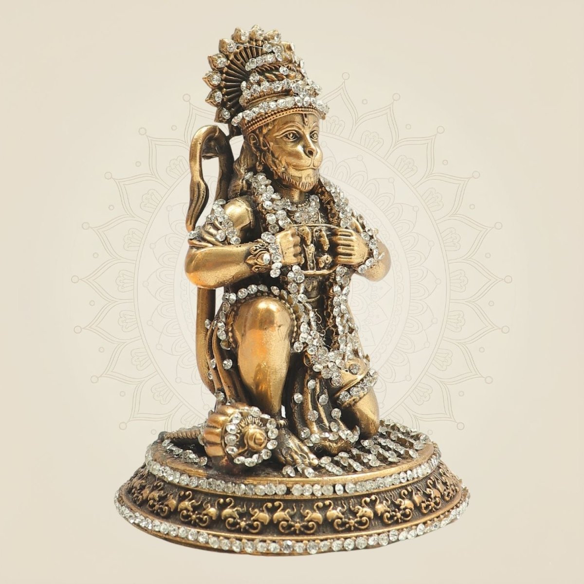 Brass Hanuman Idol 5" in Kneeling Form with Sparkling Stone Embellishment - Luxeartisanship