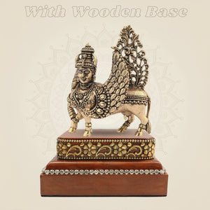 Brass Kamdhenu Cow Idol 3" Set on a Square Wood Platform - Luxeartisanship