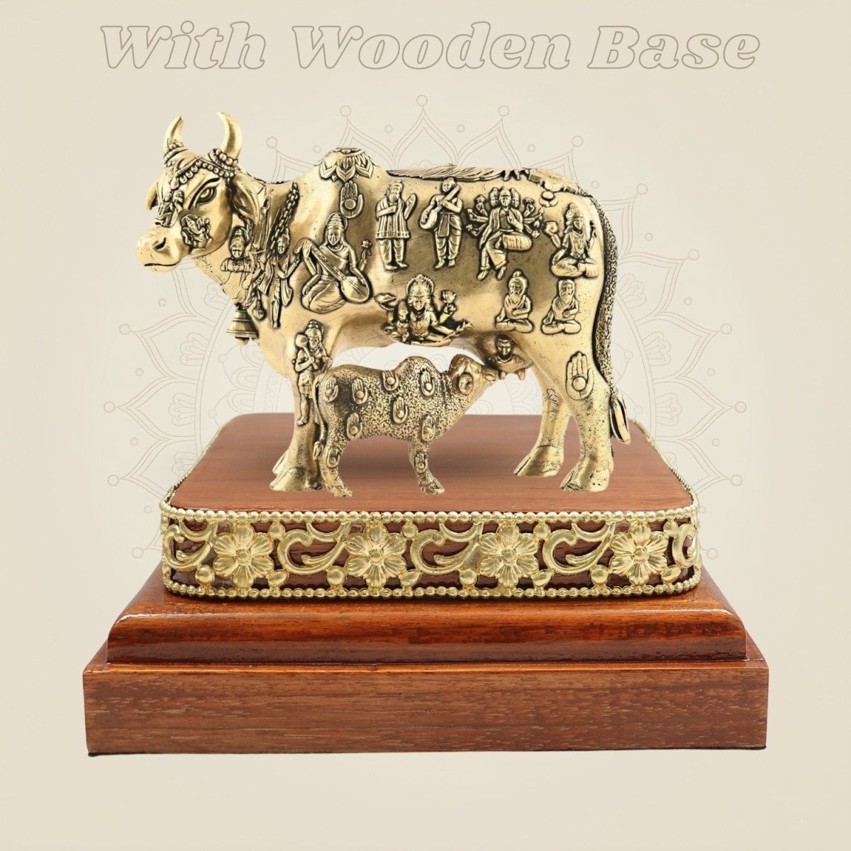 Brass Kamdhenu Cow Statue & Calf on Wooden Base